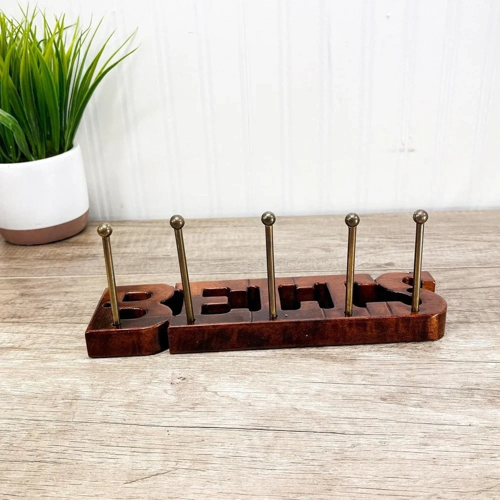Vintage Wooden Belt Rack:‎ 5 Brass Pegs